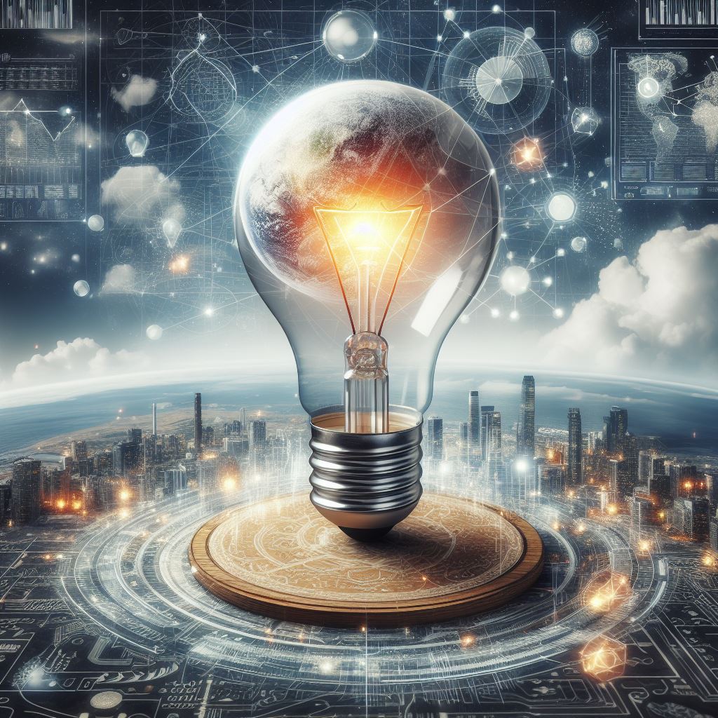 Una lámpara gigante en medio de una ciudad, simbolizando la cantidad de ideas que se generaron gracias a la imaginación para construir todo lo que nos rodea.