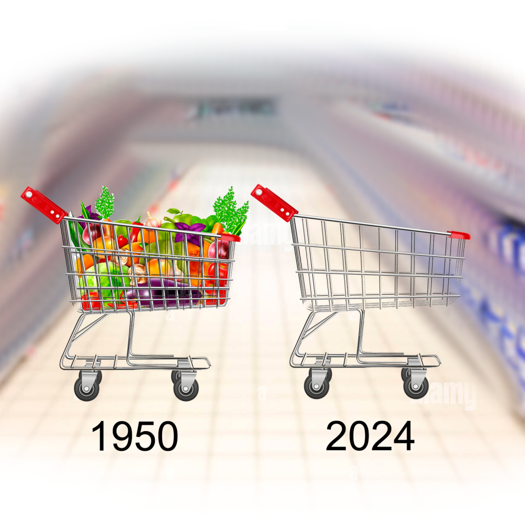 Comparación de un chango de mercado lleno en 1950 contra un chango vacío en el 2024
